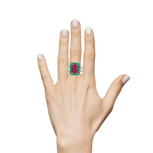 2023-101 SHATARA DOUBLE HALO COCKTAIL RING - RED EMERALD