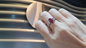 AU464 SHANGRILA BAGUETTE SIDE STONES RING - UNHEAT RUBY LONG CUSHION