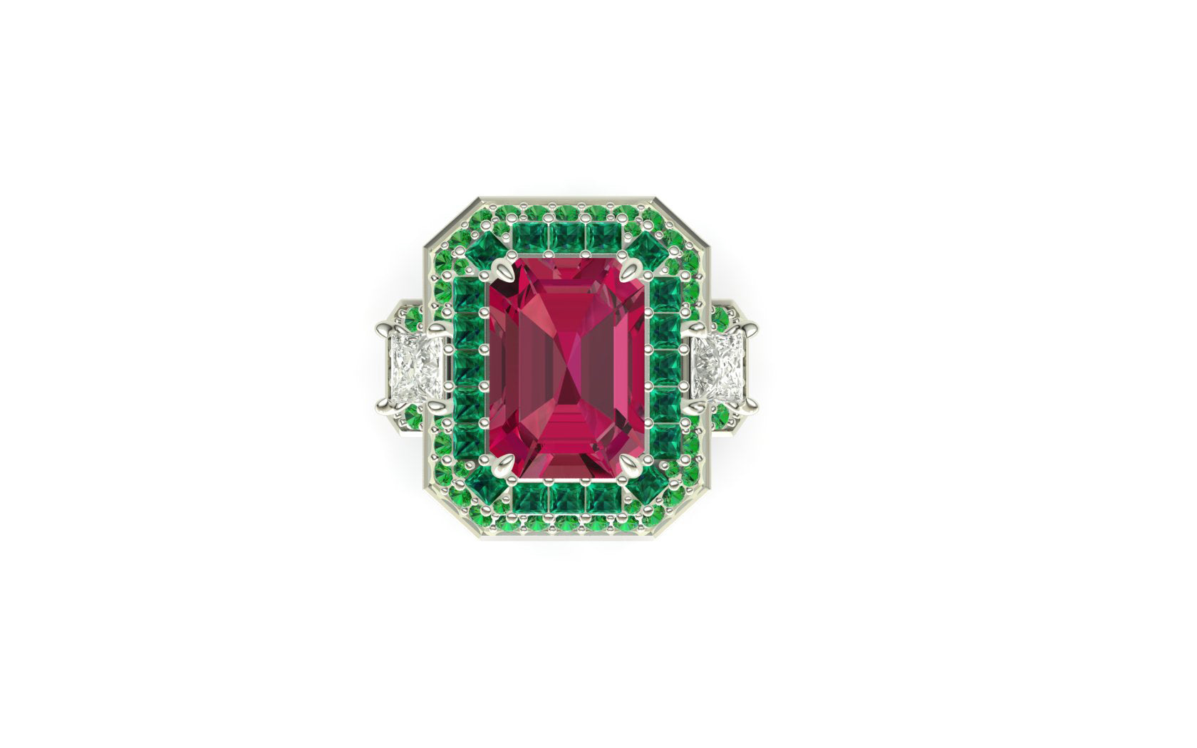 2023-101 SHATARA DOUBLE HALO COCKTAIL RING - RED EMERALD