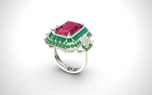 2023-101 SHATARA DOUBLE HALO COCKTAIL RING - RED EMERALD